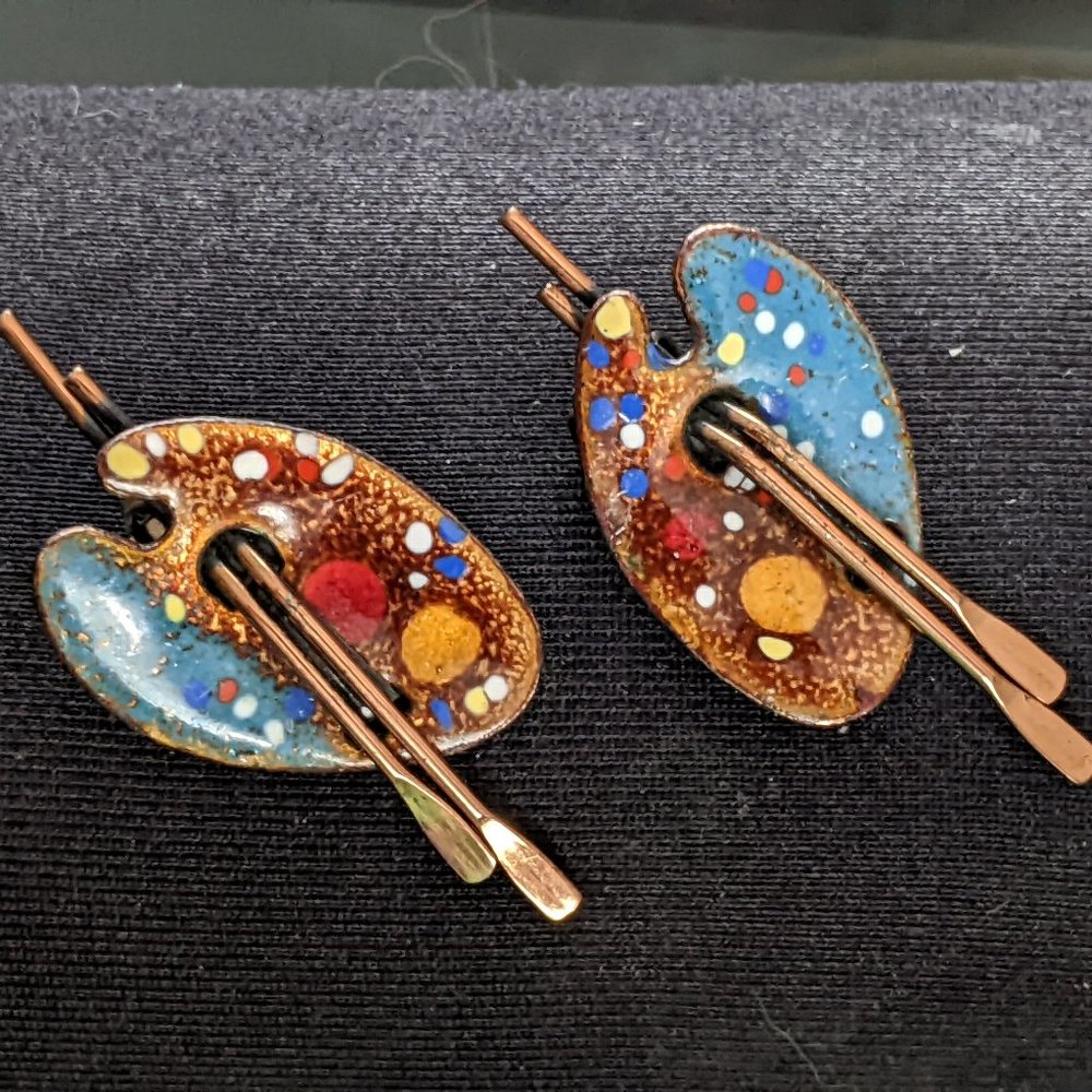 MATISSE RENOIR ENAMEL OVER COPPER PAINT PALLETTE EARRINGS Vintage Clip On